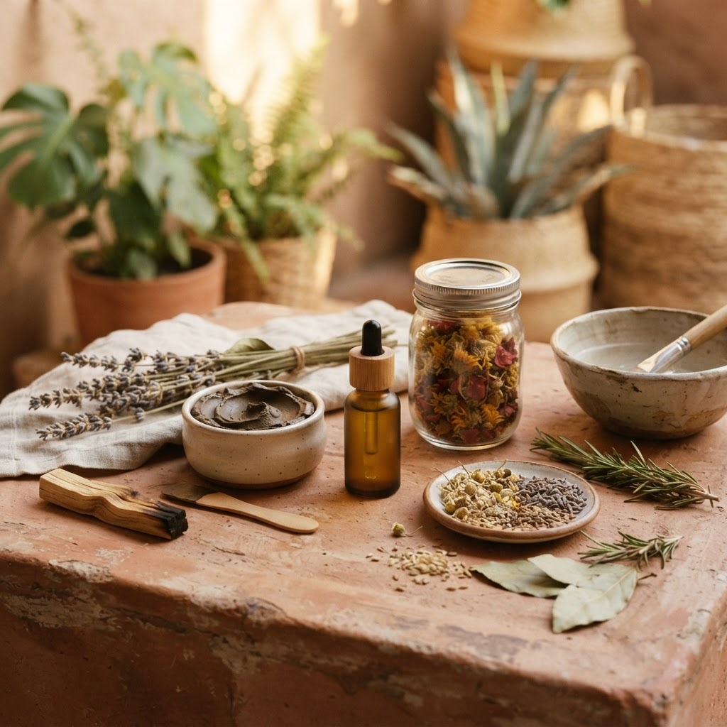 Botanical skincare ingredients and a glass serum bottle arranged on a warm terracotta surface