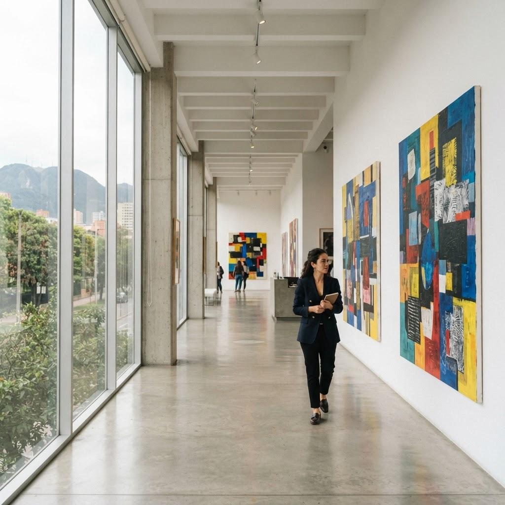 Interior of a contemporary art gallery with large abstract paintings