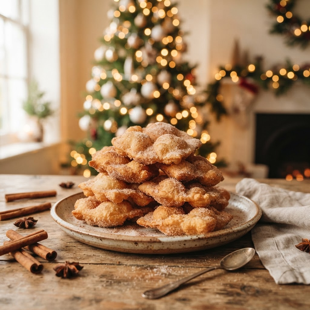 Golden crispy buñuelos dusted with sugar stacked on a rustic plate