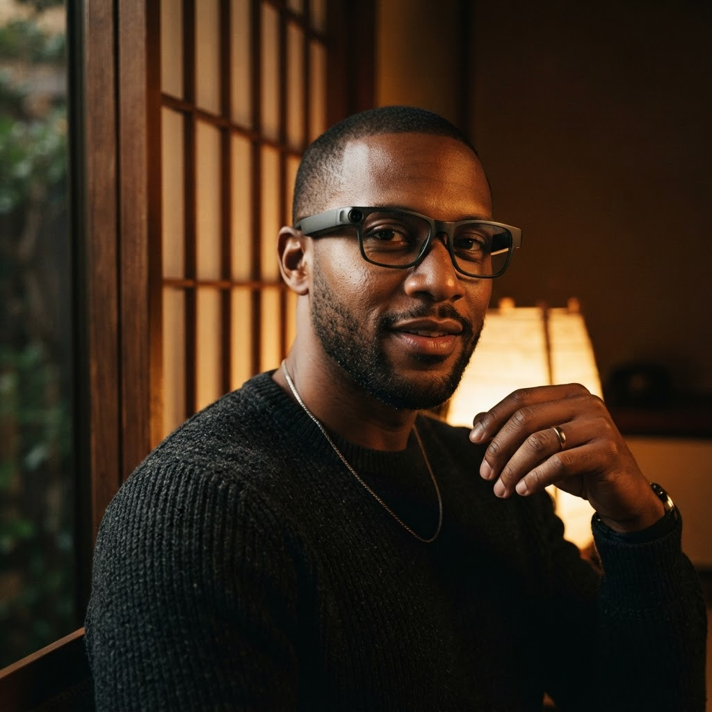 Deon Hinton wearing Meta Glasses in a dimly lit room