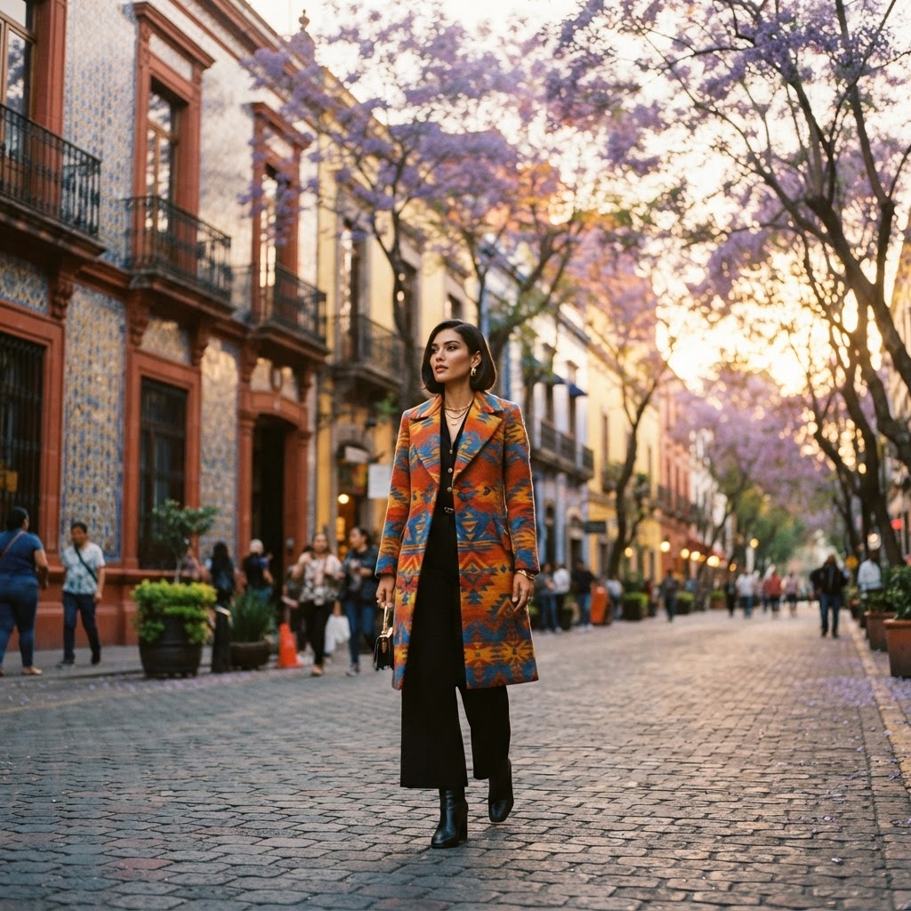 A model in a tailored coat walking a colorful street in Mexico City at golden hour