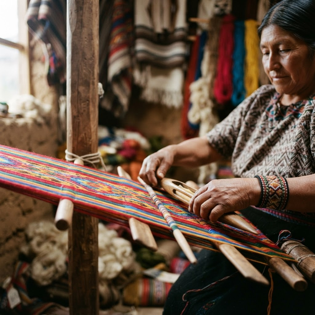 An Indigenous Ecuadorian weaver’s hands working a traditional loom with colorful wool