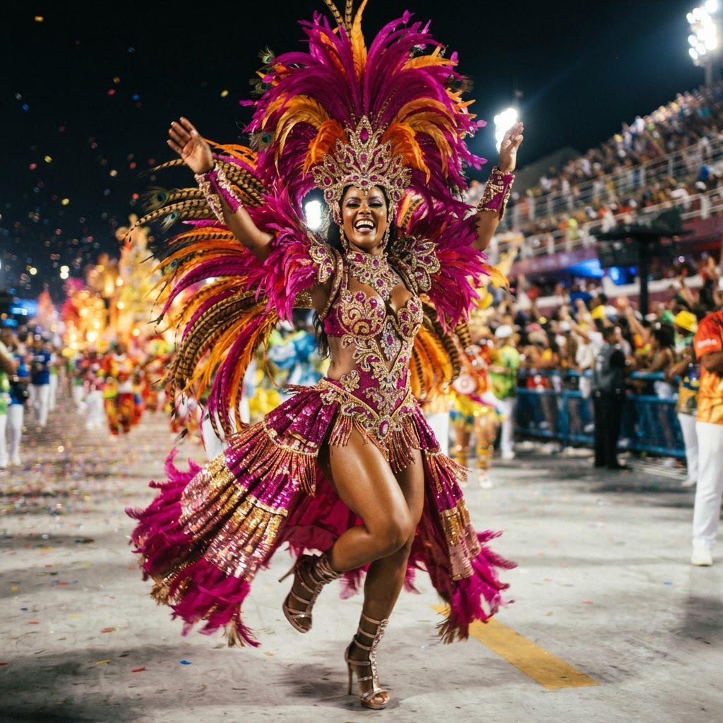 A dancer in an elaborate feathered and sequined costume at Rio Carnival